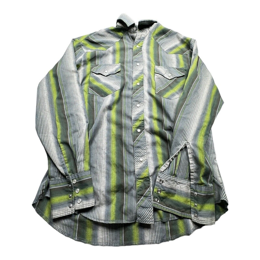 Wrangler Men's Western Shirt Size Medium Green Striped Long‎ Sleeve Pearl Snap